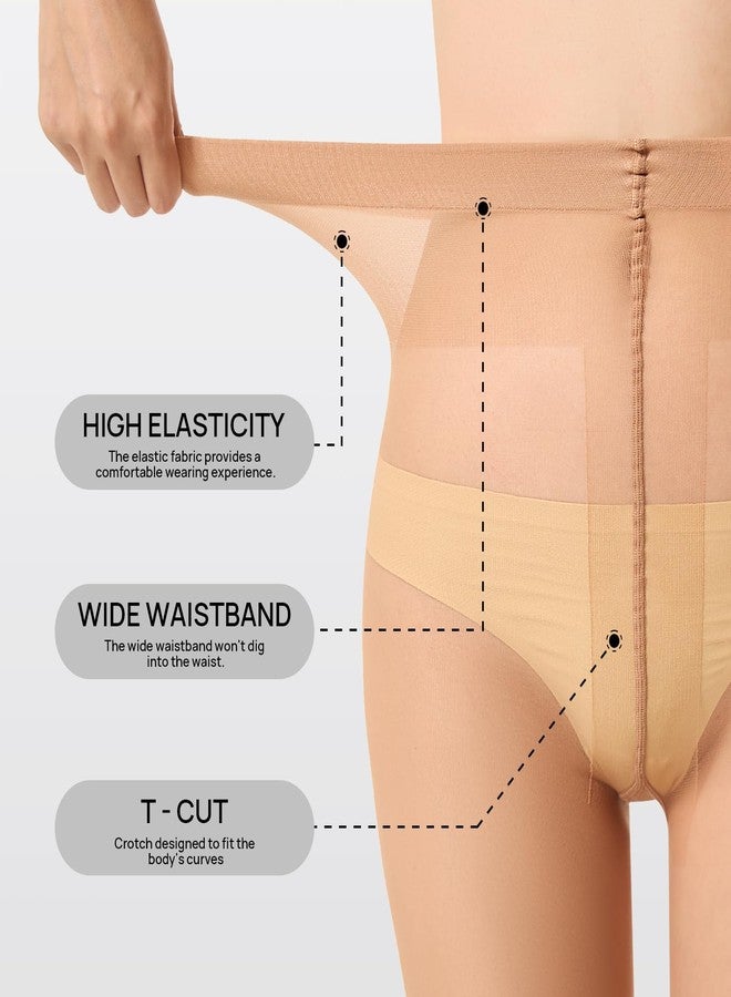 MANZI 2 Pairs Sheer Tights for Women T-Crotch Ultra Thin 20D Reinforced Pantyhose High Waist Stockings， Natural and Black L-XL - Image 4